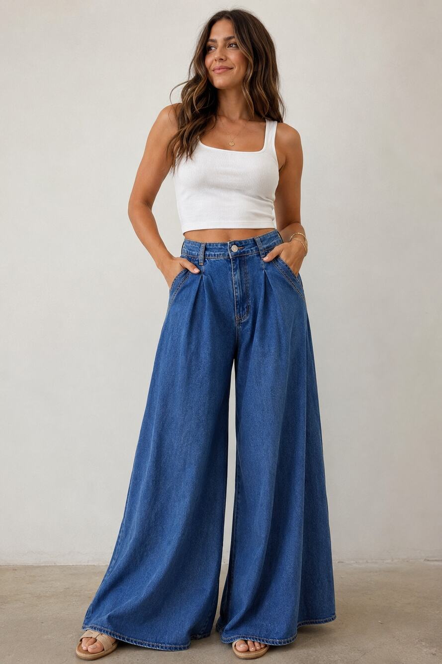 Boutique NWOT Ultra High Rise Extreme Wide Leg Flowy Boho Chic Jeans Medium